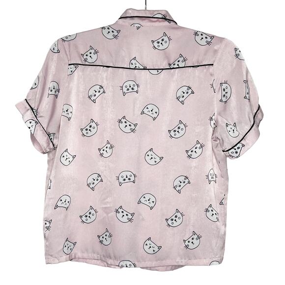 FOREVER 21 Cat Print Pajama Shirt Shorts Set Satin Lightweight Pink Size Small - Picture 4 of 10